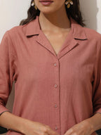 trueBrowns Peach Cotton Linen Kurta Pant Set | Grocsy