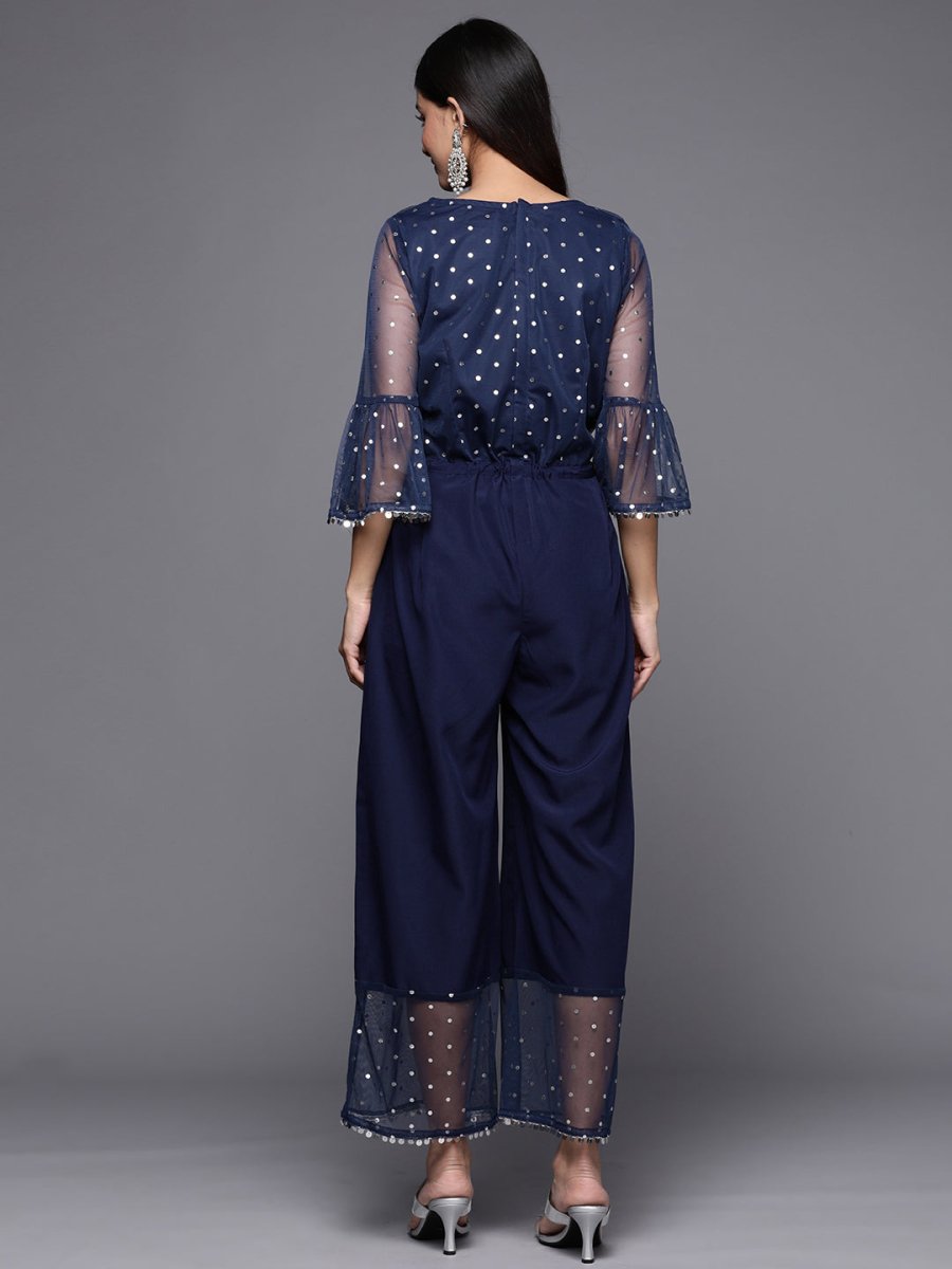 Ahalyaa Printed Bell Sleeves Crepe Basic Jumpsuit With Waist Tie-Ups | Grocsy