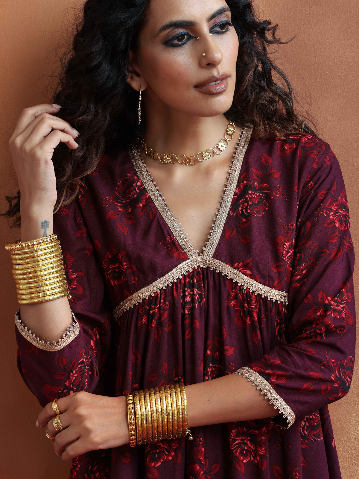 trueBrowns Purple Floral Print Anarkali Kurta Co-ord Set | Grocsy