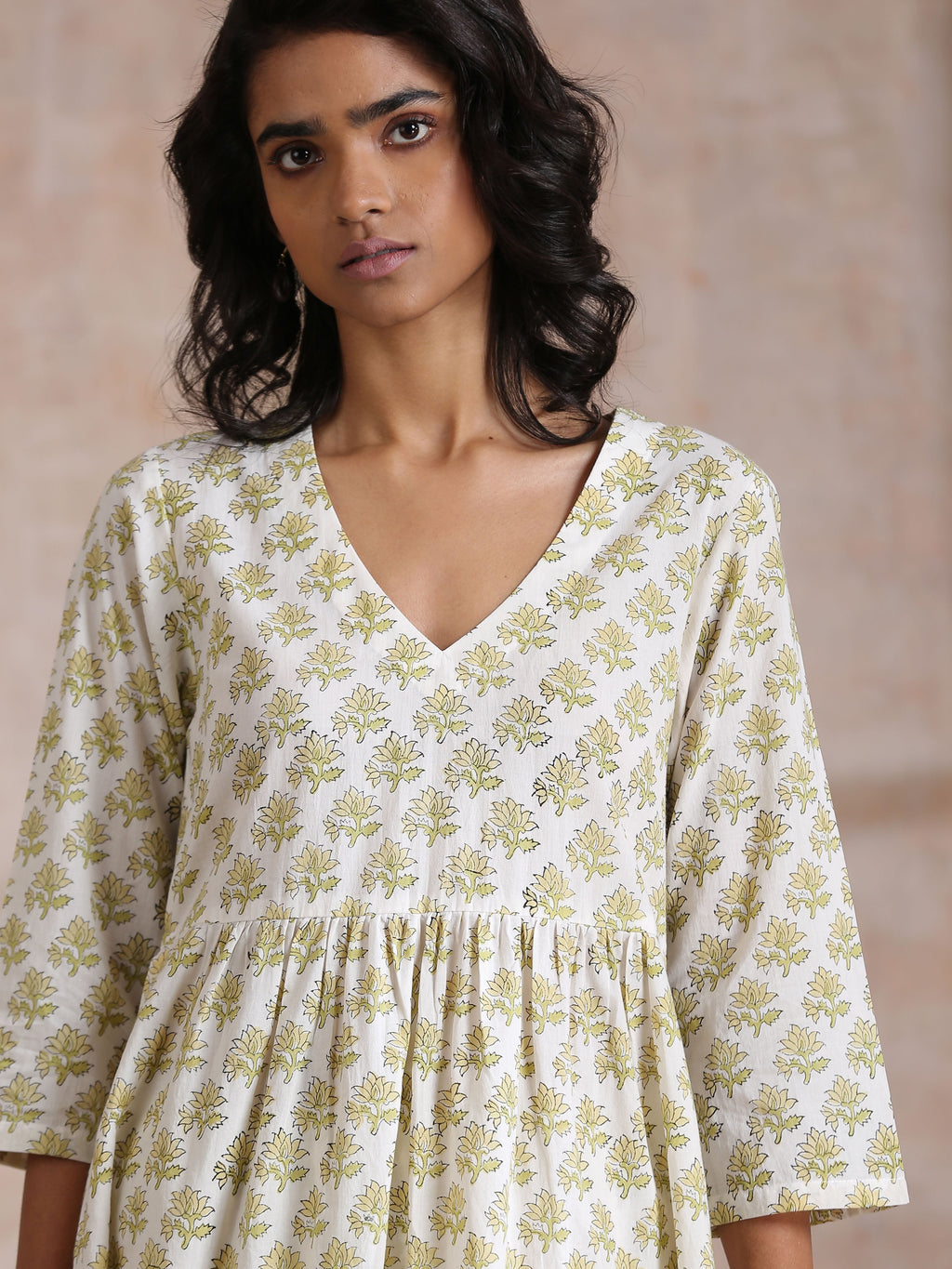 trueBrowns Green Buta On Off White Block Print Cotton Slit Gathered Kurta Set | Grocsy