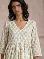 trueBrowns Green Buta On Off White Block Print Cotton Slit Gathered Kurta Set | Grocsy
