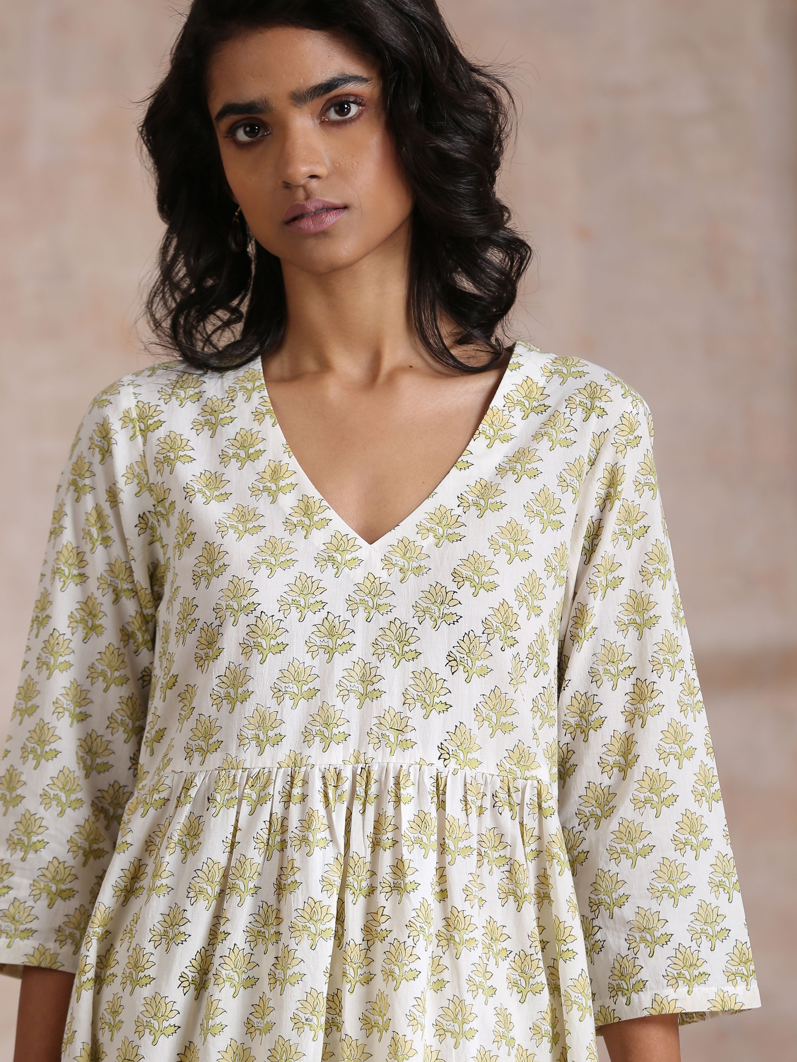 trueBrowns Green Buta On Off White Block Print Cotton Slit Gathered Kurta Set | Grocsy