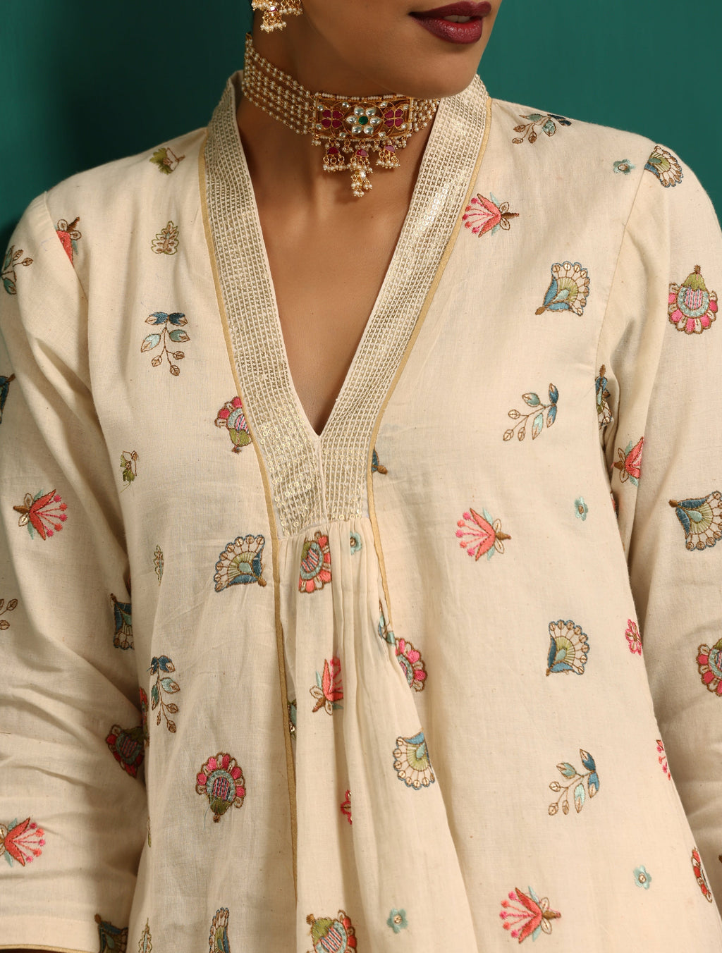 trueBrowns Ivory Multi Color Floral Cotton Front Gathered Kurta Pant Set | Grocsy