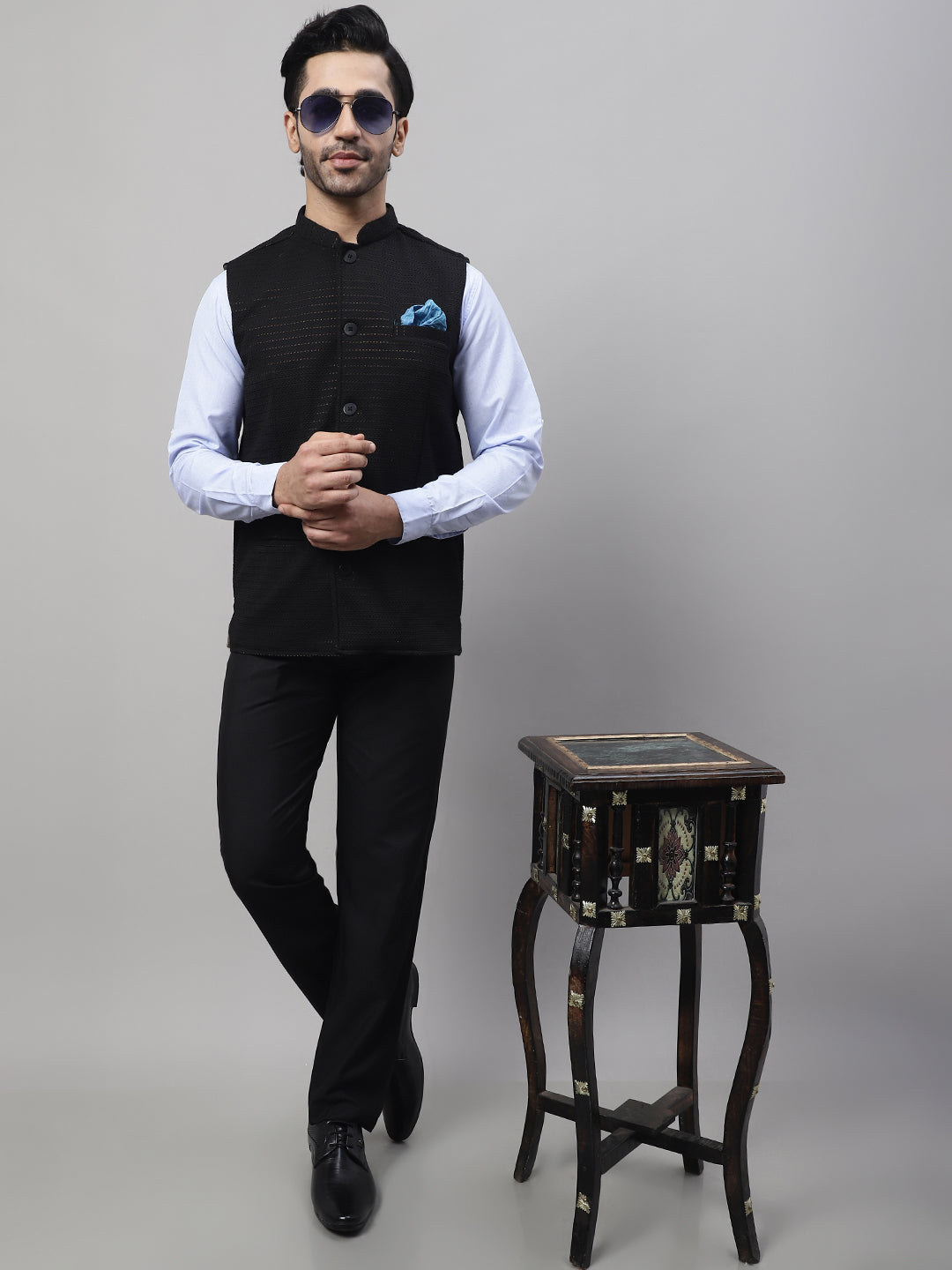 Even Apparels Men's Black Nehru Jacket With Welt Pockets | Grocsy