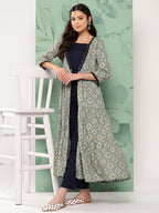 InWeave Women's Navy Top Bottom W Grey Bandhej Long Shrug Set | Grocsy