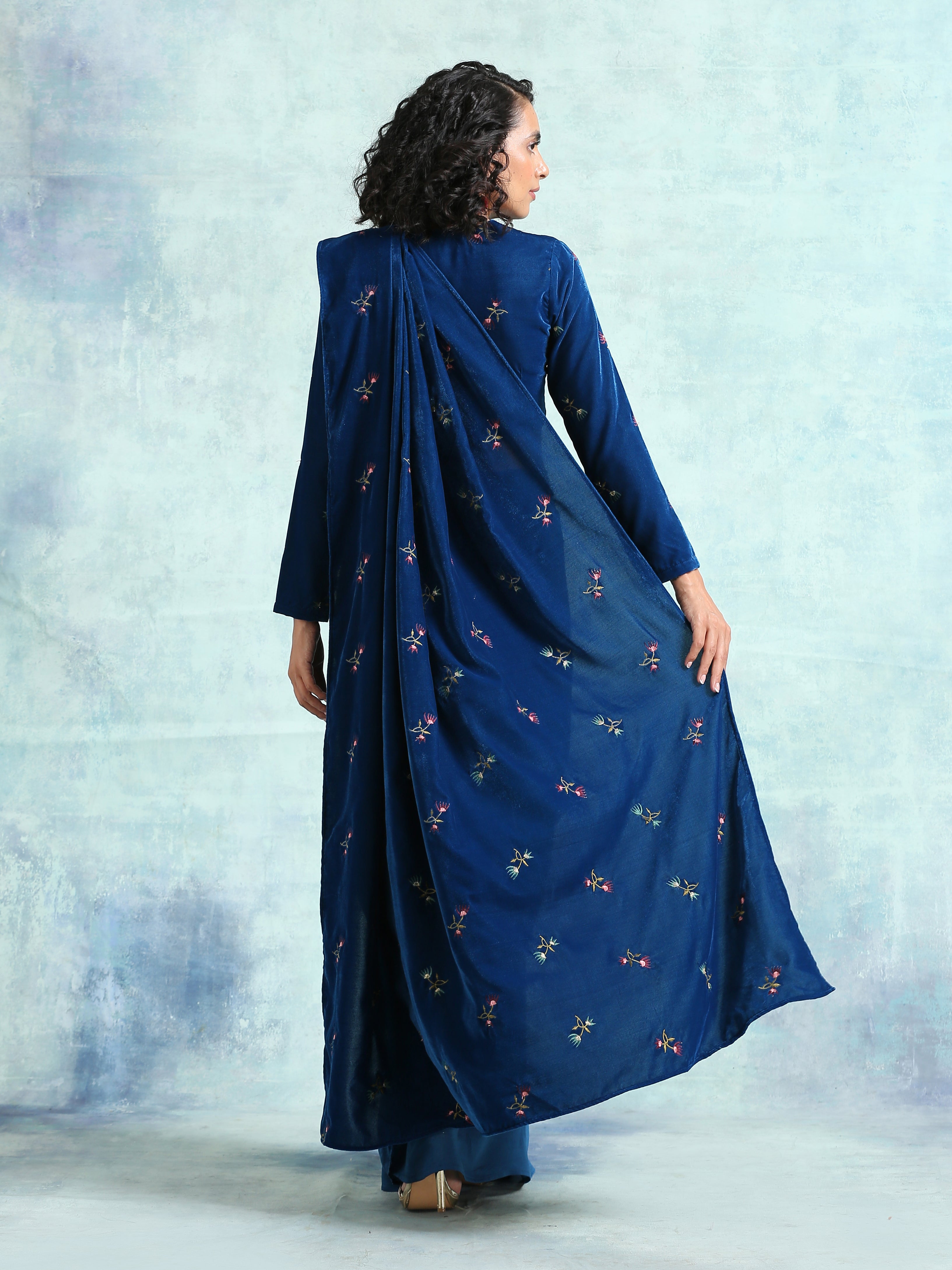 trueBrowns Blue Embroidered Velvet Ready to Wear Saree | Grocsy