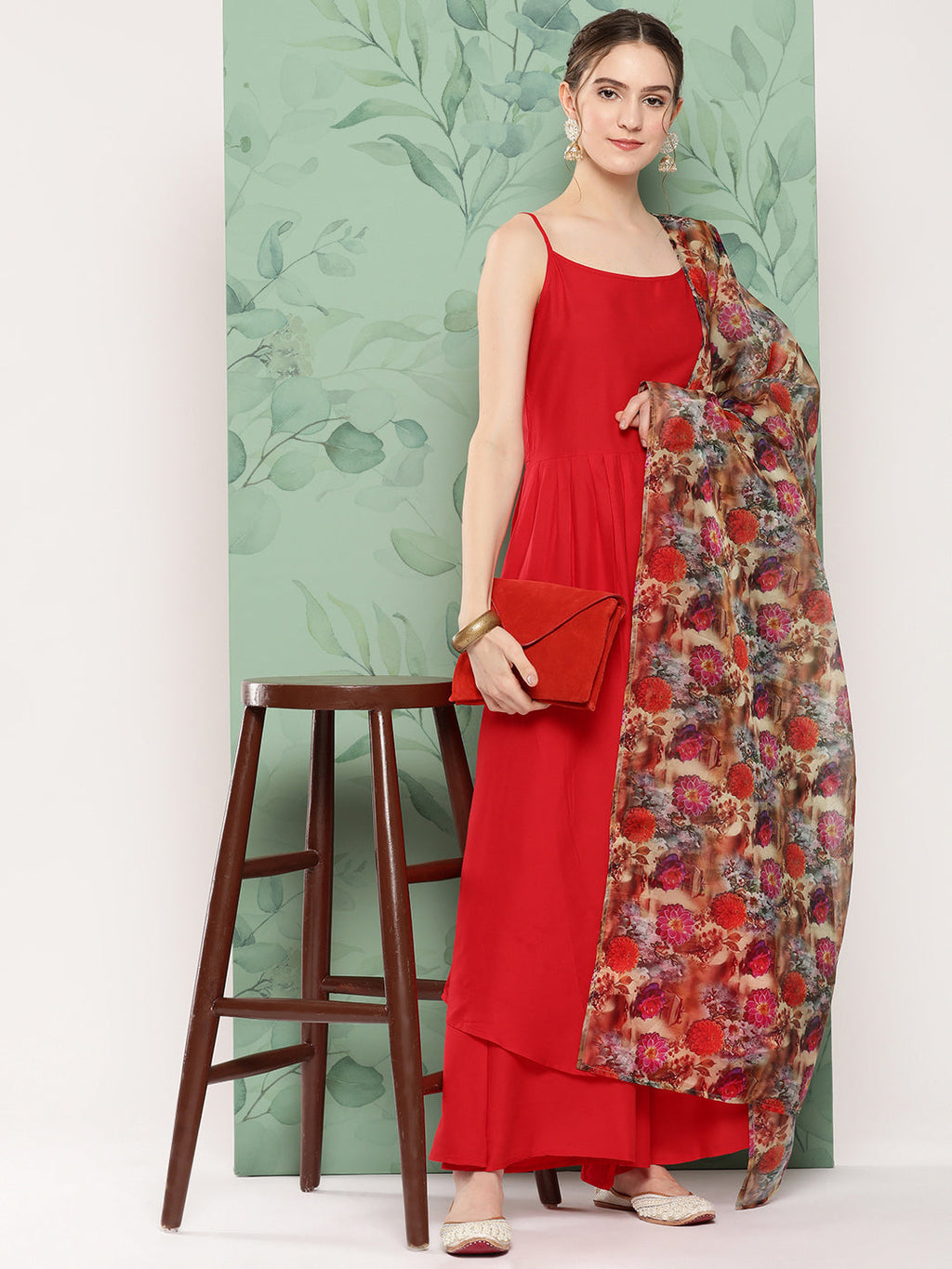 InWeave Women's Red Strappy Set W Camel Brown Or Duptta | Grocsy