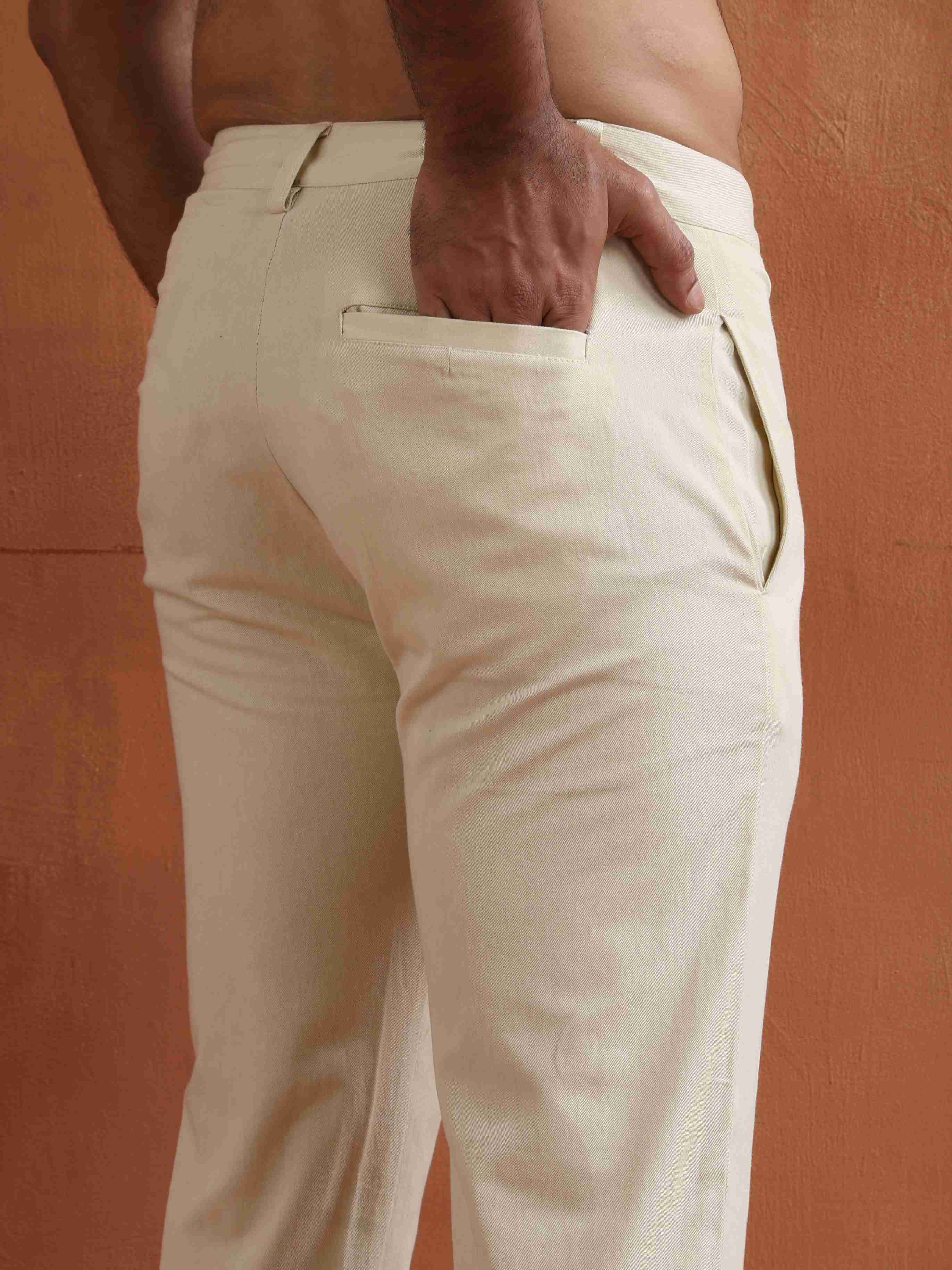 trueBrowns Men's Off White Cotton Twill Pants | Grocsy