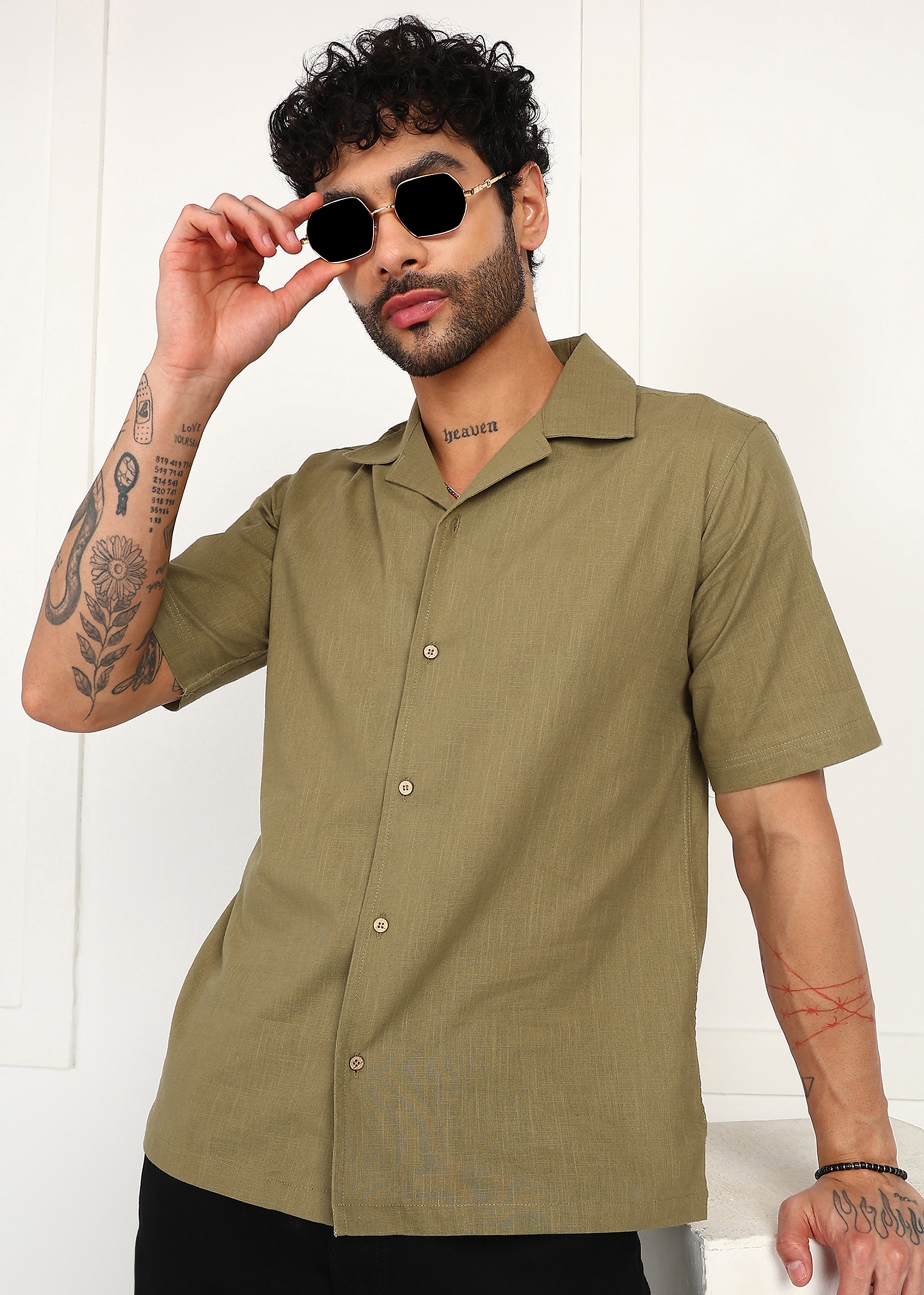 Fabmade Olive Breeze Linen Shirt | Grocsy