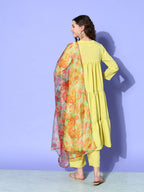 InWeave Women's Lime Green Flared Kurta Set With Green Organza Dupatta | Grocsy