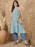 InWeave Mint Blue V Neck Aline Kurta Set | Grocsy