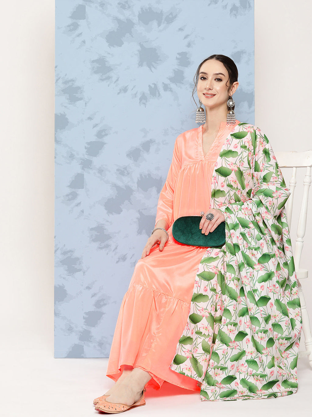InWeave Women's Peach Tiered Kurta Set With White Pink Lotus Cr Dupatta | Grocsy