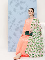 InWeave Women's Peach Tiered Kurta Set With White Pink Lotus Cr Dupatta | Grocsy
