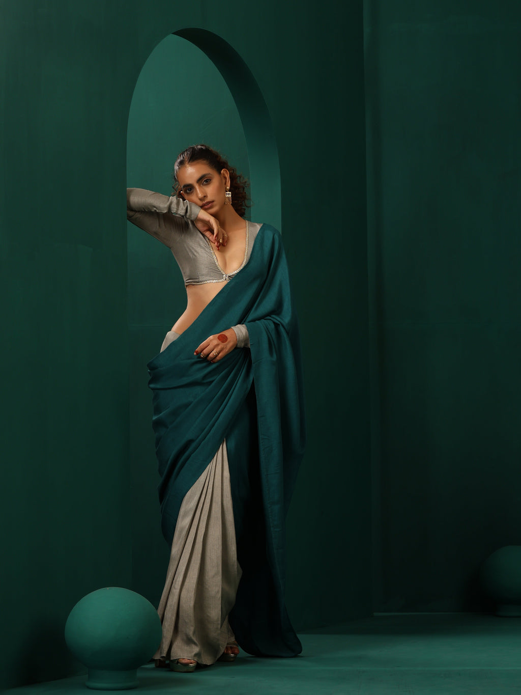 trueBrowns Teal Grey Silk Ready to Wear Saree | Grocsy