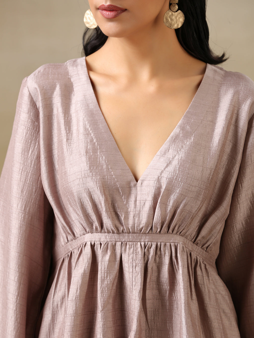 trueBrowns Grey Textured Silk Deep V-Neck Co-Ord Set | Grocsy