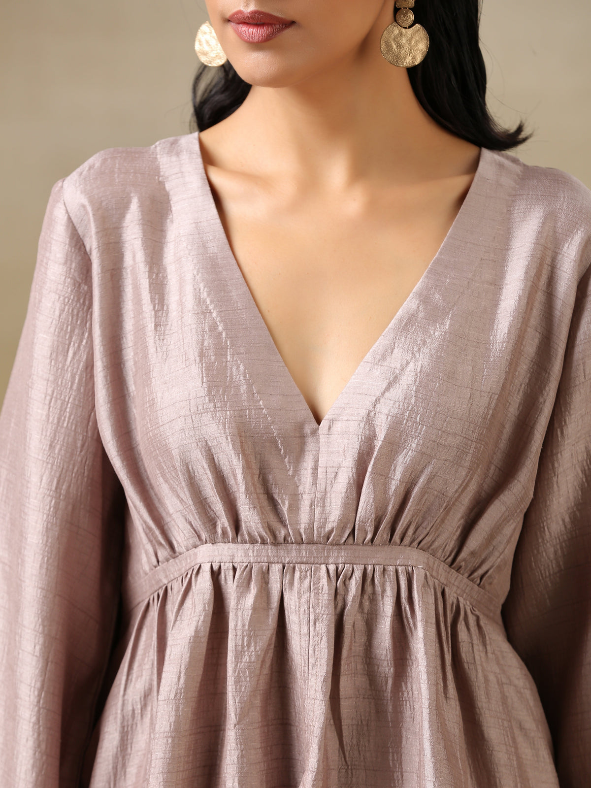 trueBrowns Grey Textured Silk Deep V-Neck Co-Ord Set | Grocsy