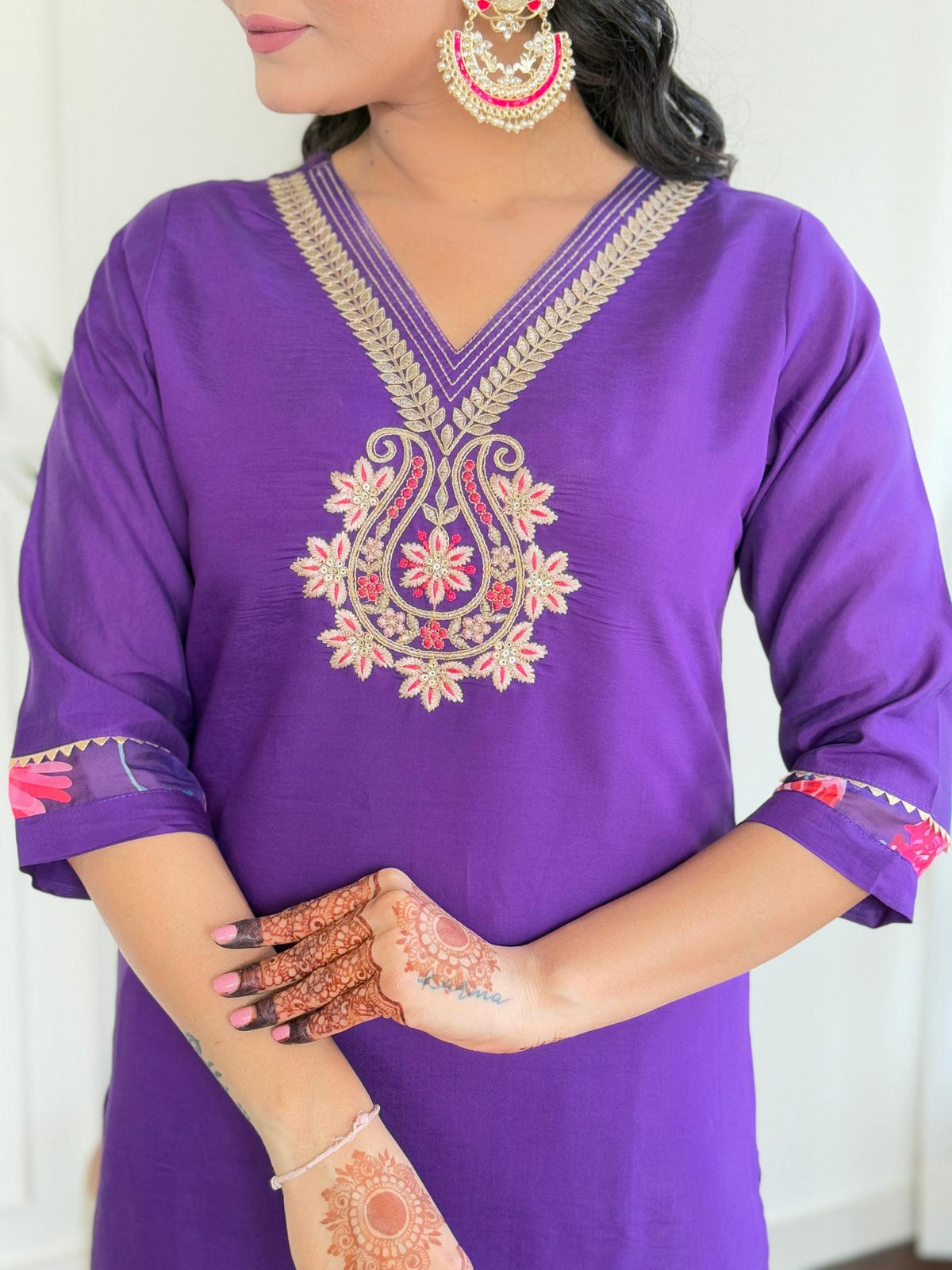 The52 Women's Beautiful Roman Silk Embroidered Straight Kurta with Pant And Dupatta Set | Grocsy
