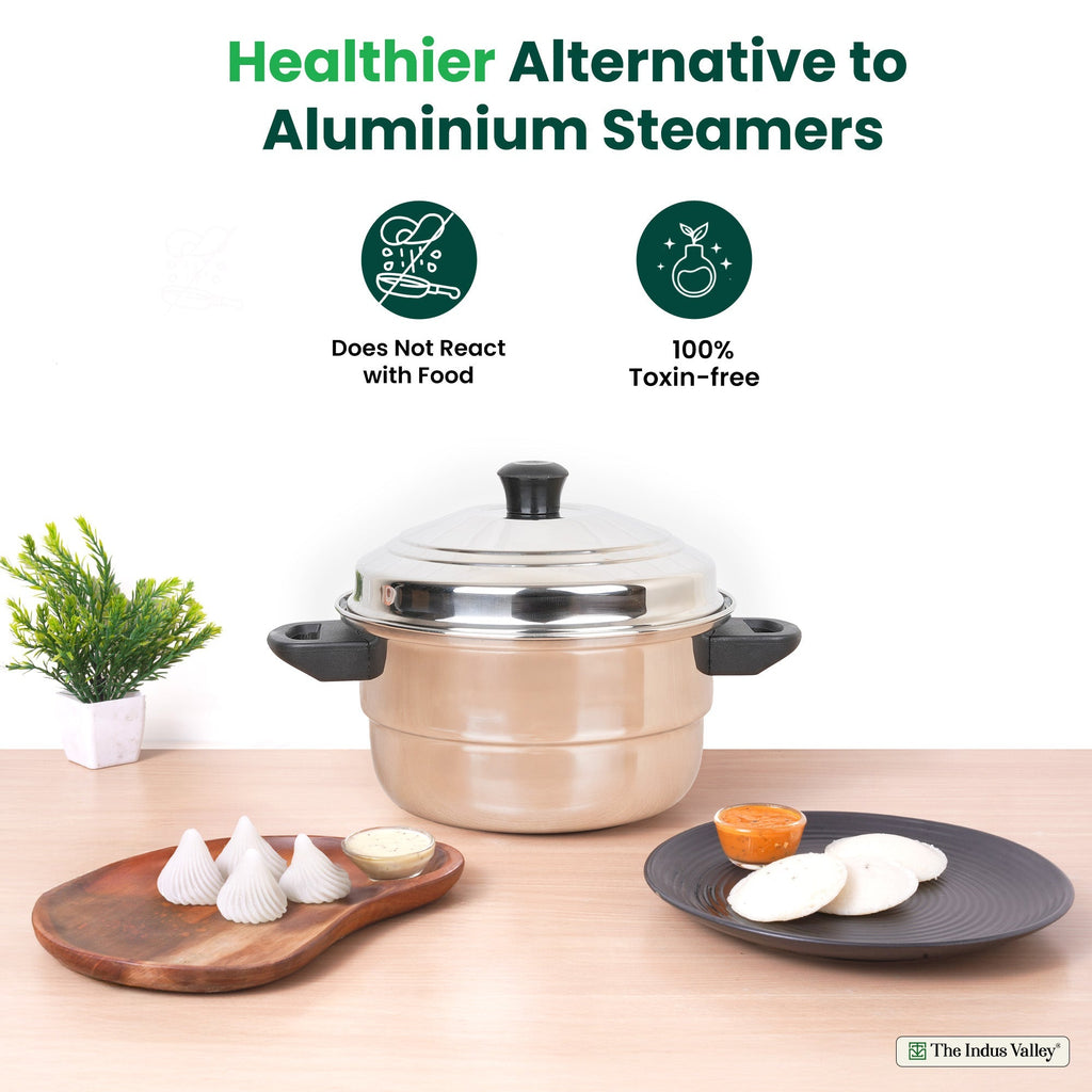 The Indus Valley Premium Stainless Steel idlipot regular with mini idli plates-(3+1) Idli/ Momo Maker/  Veg Steaming Set, Tri-ply Induction Bottom, 4 Plates | Grocsy