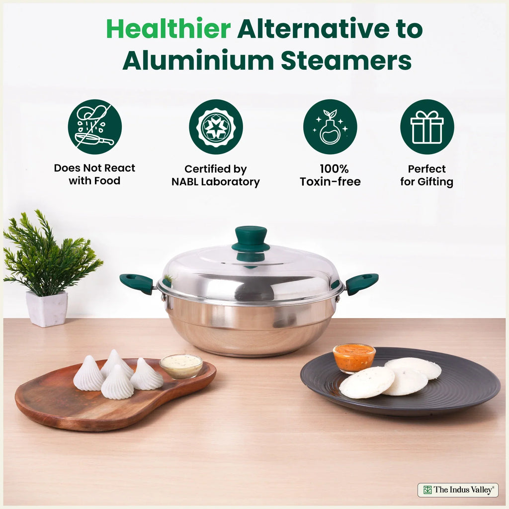 The Indus Valley 14 Pit Tri-Steel Multi Pot Premium Stainless Steel Idli/ Momo Maker/  Veg Steaming Set, Tri-ply Induction Bottom, 2 Plates, 27cm | Grocsy