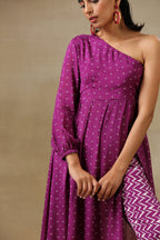 trueBrowns Purple Bandhani Printed Silk One Shoulder Kurta Pant Set | Grocsy