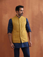 trueBrowns Men's Mustard Cotton Dobby Reversible Nehru Jacket | Grocsy