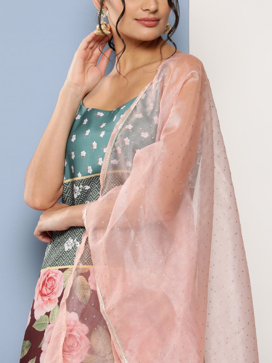 Ahalyaa Women Green Floral Printed Gotta Patti Kurta with Sharara & With Dupatta | Grocsy