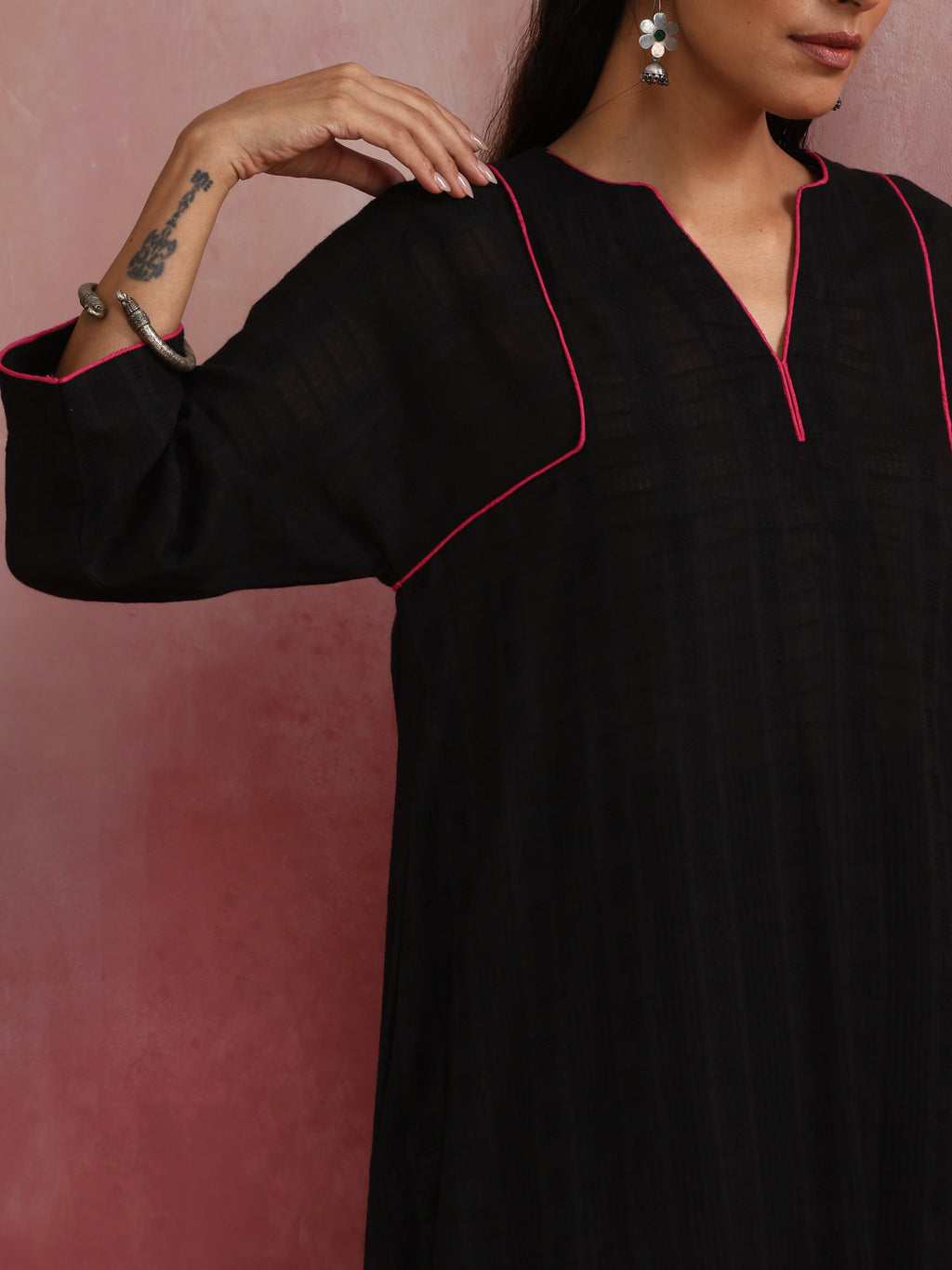 trueBrowns Black Cotton Dobby Kurta Co-ord set | Grocsy