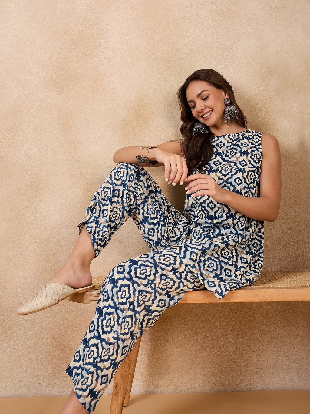 InWeave Peacock Blue White Moroccan Print Round Neck Kurta Set | Grocsy