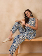 InWeave Peacock Blue White Moroccan Print Round Neck Kurta Set | Grocsy