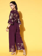 Ahalyaa Burgundy & Gold-Toned Bell Sleeves Printed Ethnic Jumpsuit With Waist Tie-Ups | Grocsy