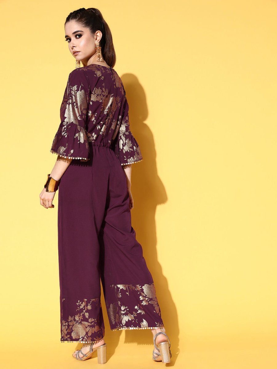 Ahalyaa Burgundy & Gold-Toned Bell Sleeves Printed Ethnic Jumpsuit With Waist Tie-Ups | Grocsy