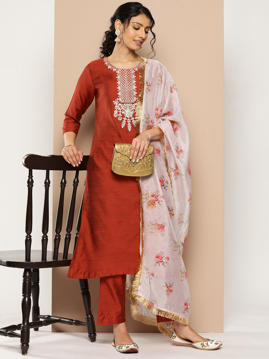 KSUT (House of Varanga) Embroidered Kurta Paired With Pant And Printed Dupatta With Zari Fringes | Grocsy