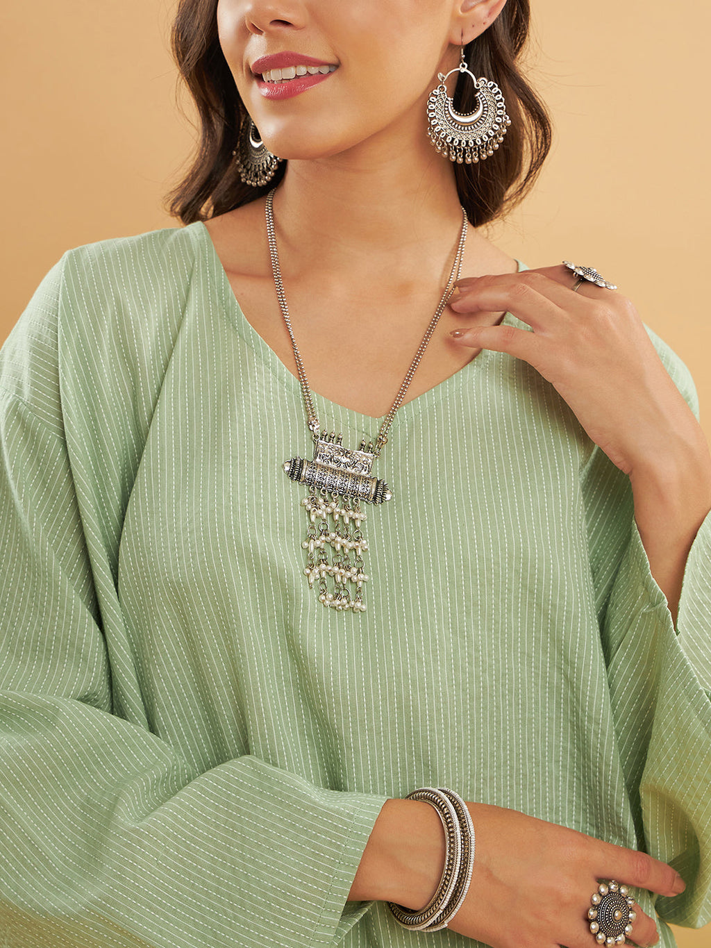 InWeave Women's Sage Green Kantha Boho Full Sleeve Coord Set | Grocsy