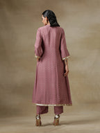 trueBrowns Dark Mauve Bandhani Printed Silk Front Slit Kurta Pant Set | Grocsy