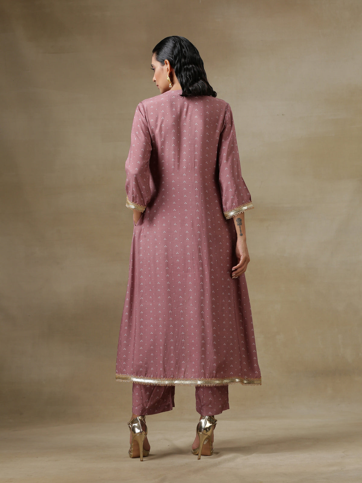 trueBrowns Dark Mauve Bandhani Printed Silk Front Slit Kurta Pant Set | Grocsy
