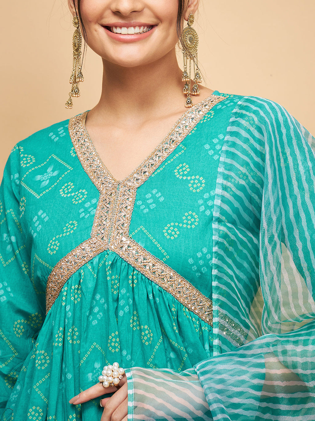 InWeave Women's Aqua S Print Alia Cut Gota Work Kurta Set W Aqua Le Du | Grocsy