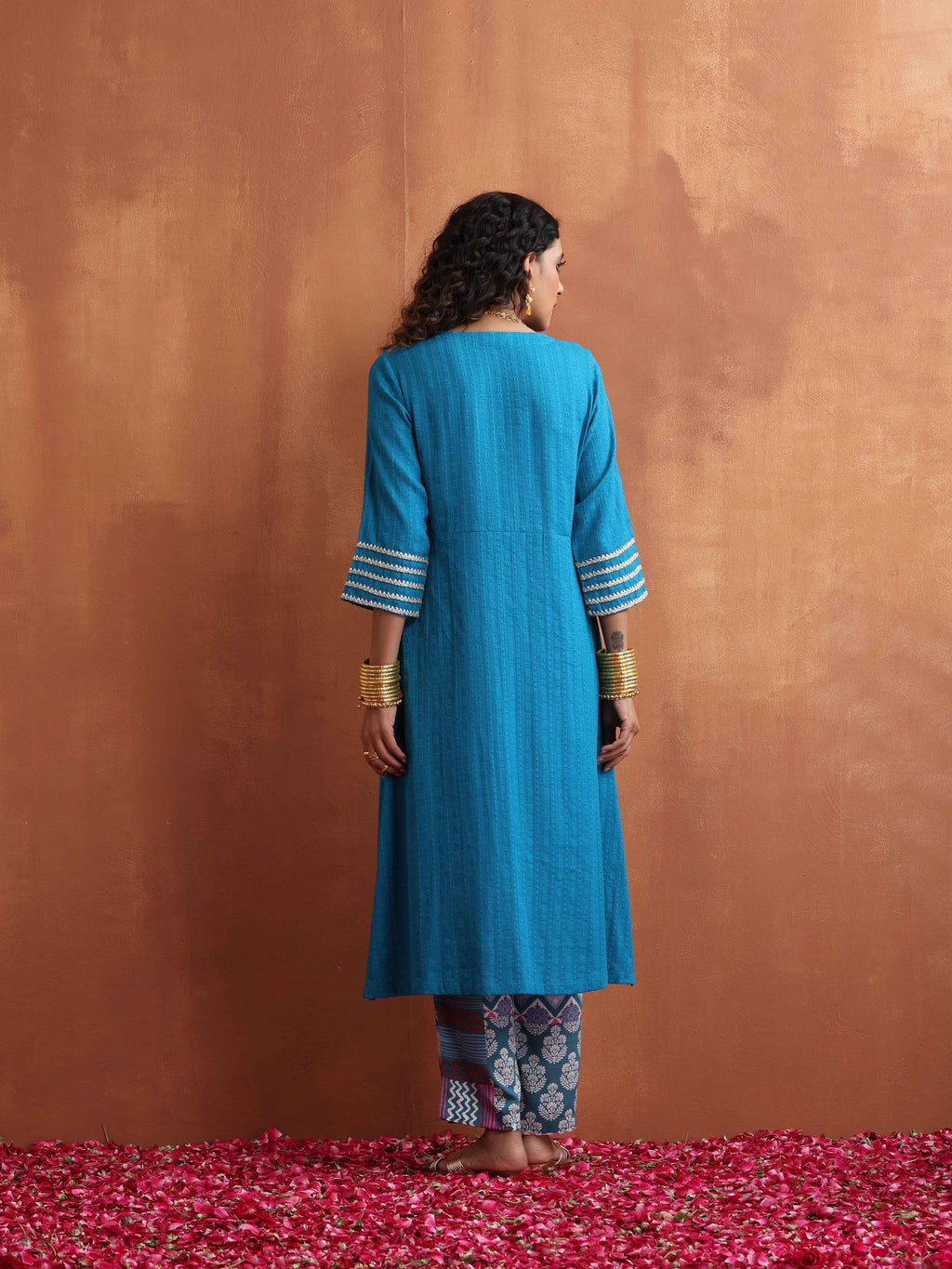 trueBrowns Blue Cotton Flared Anarkali Kurta Set | Grocsy