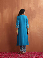 trueBrowns Blue Cotton Flared Anarkali Kurta Set | Grocsy