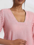 trueBrowns Red Cotton Stripe Straight Kurta Set | Grocsy