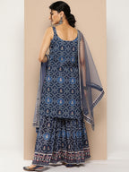 KSUT (House of Varanga) Blue Color Strap Style Digital Printed Kurta With Printed Sharara And Net Dupatta | Grocsy