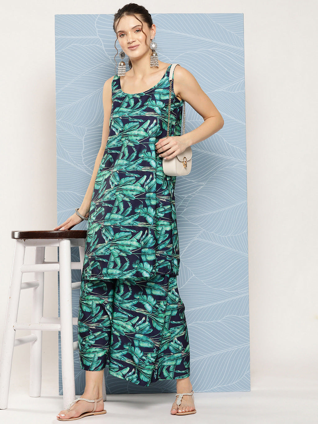 InWeave Women's Navy Green Big Leaf Print Crepe Kurta Set | Grocsy