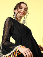 InWeave Women's Black Lacy Dress With Tassles | Grocsy