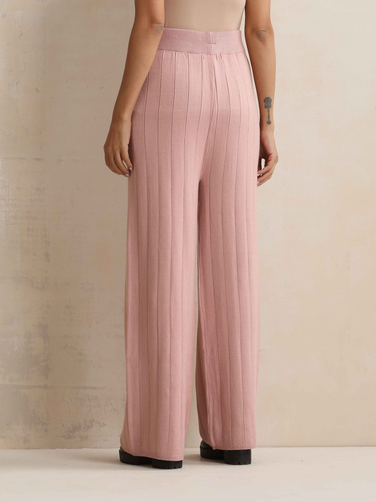 trueBrowns Pink Woollen Flared Pants | Grocsy