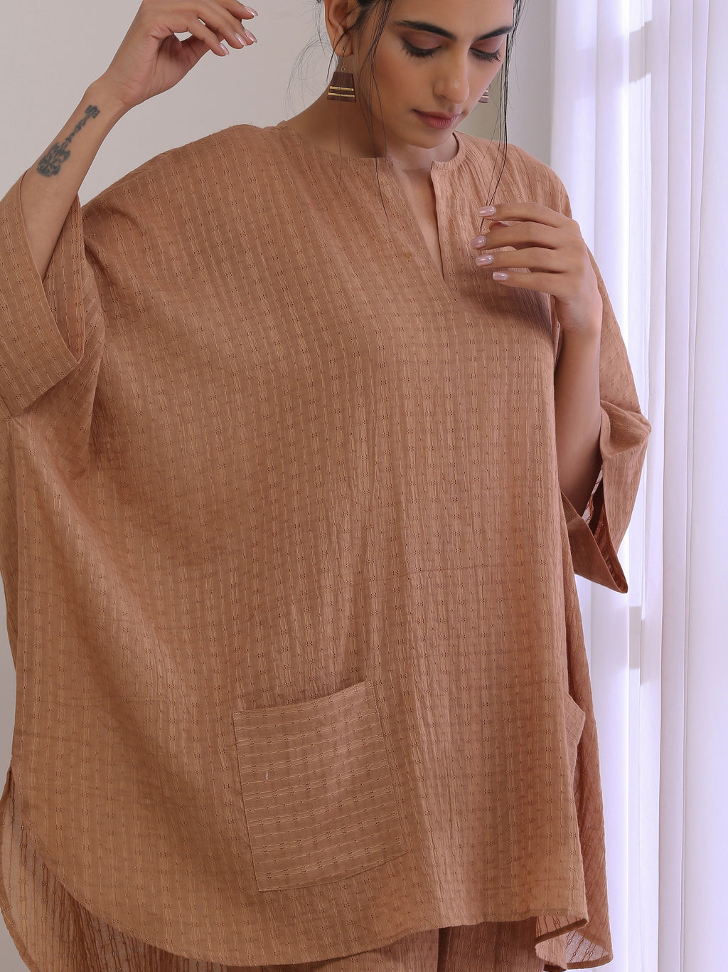 trueBrowns Beige Dobby Boxy Fit High-Low Co-Ord Set | Grocsy