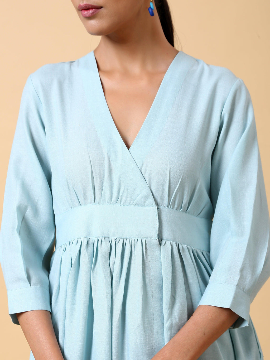 trueBrowns Cotton Linen Light Blue Wrap Dress | Grocsy