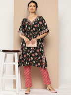 KSUT (House of Varanga) Green And Peach Floral Print Kaftan Trouser Set. | Grocsy
