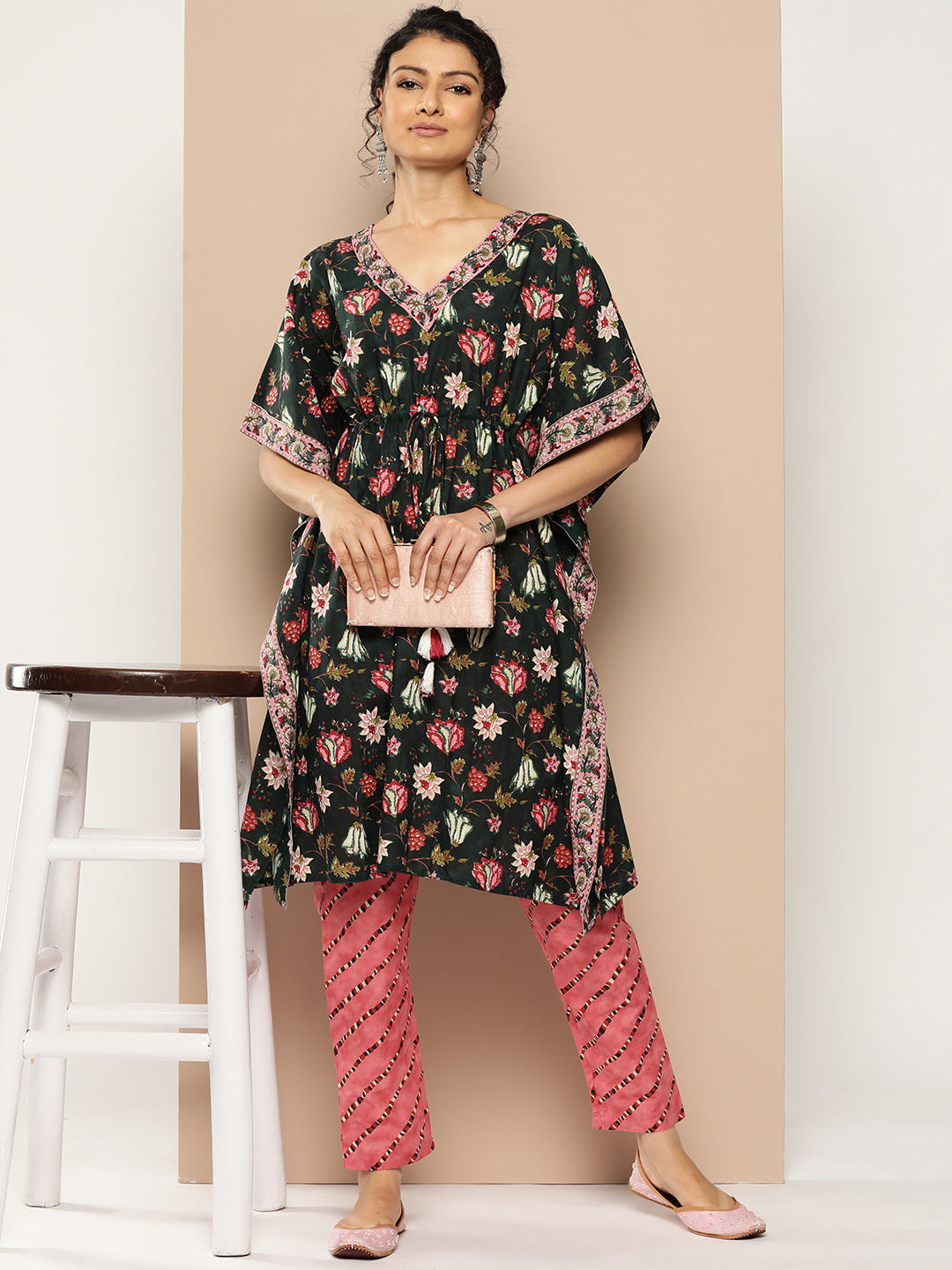 KSUT (House of Varanga) Green And Peach Floral Print Kaftan Trouser Set. | Grocsy