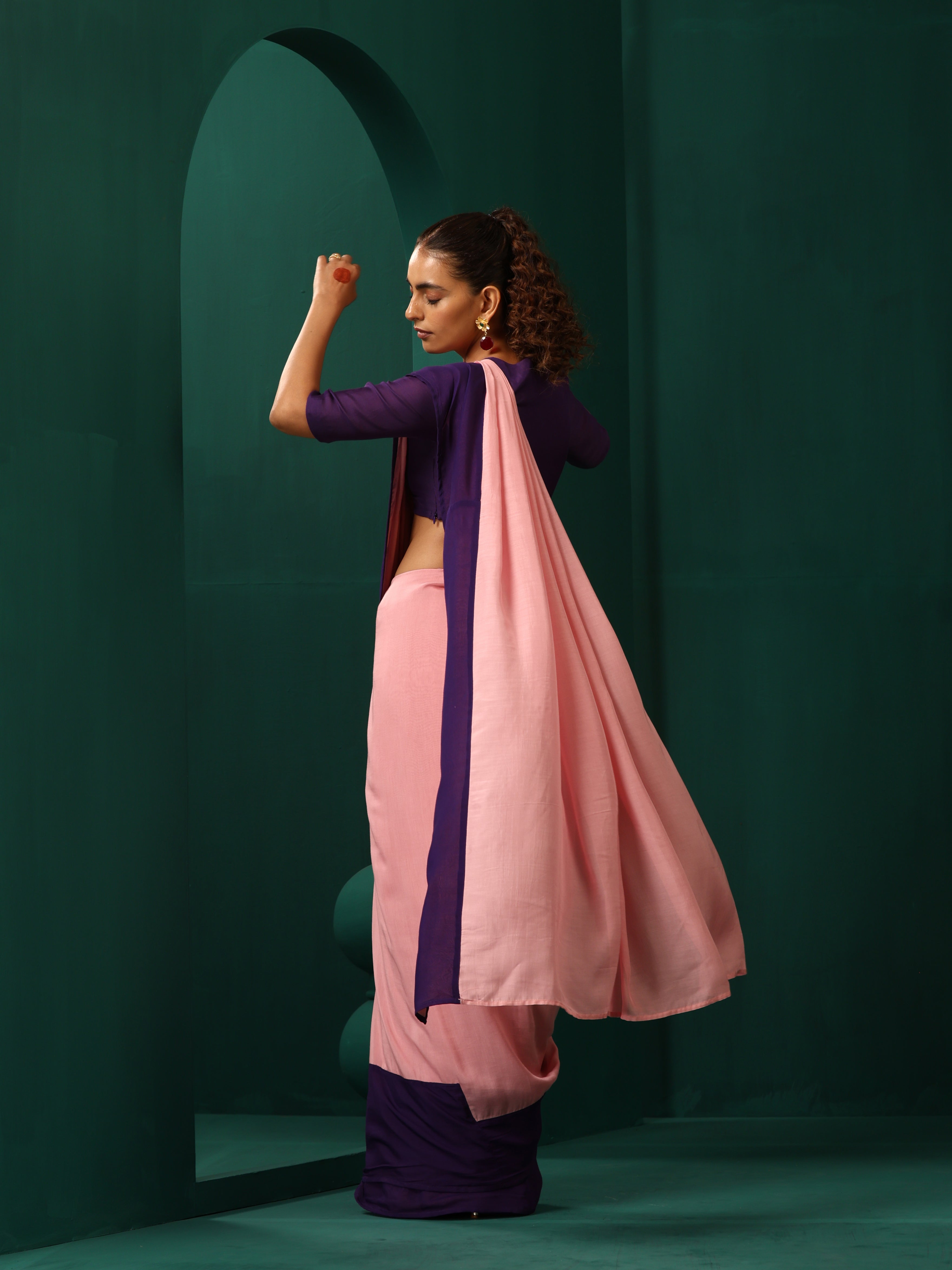 trueBrowns Pink Purple Muslin Silk Ready to Wear Saree | Grocsy