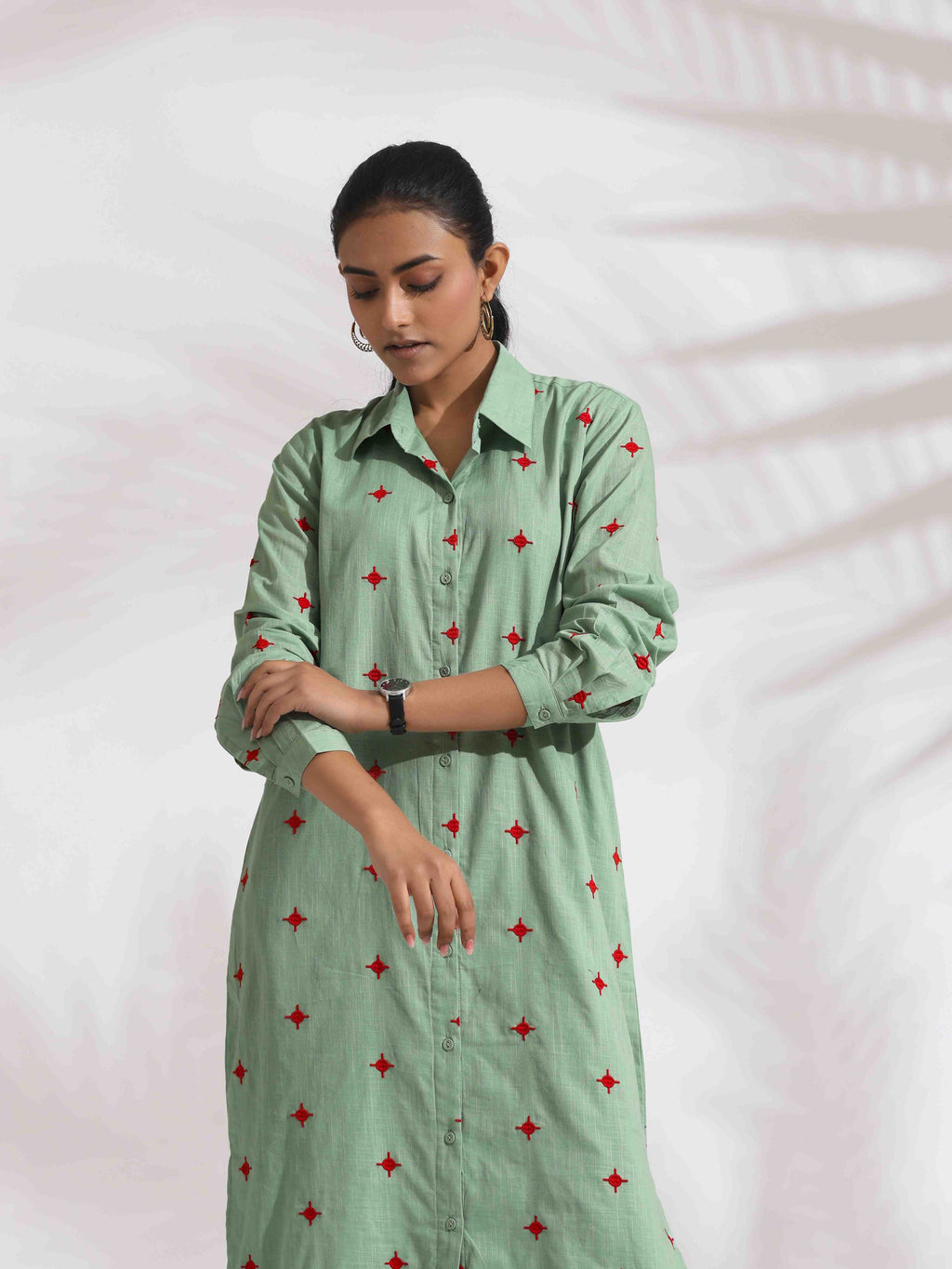 trueBrowns Green Cotton Embroidered Shirt Dress | Grocsy