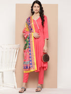 InWeave Women's Camelia Gota Angrakha Kurta Set W Yellow Orange Dupatta | Grocsy